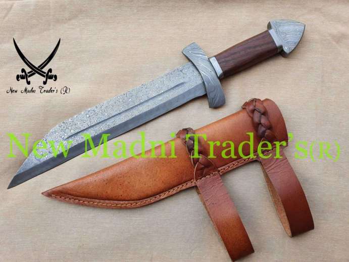 18" AMAZING DAMASCUS ''D'' POMMEL ROSE WOOD HANDLE HANDMADE VIKING SEAX (NMT-20255)