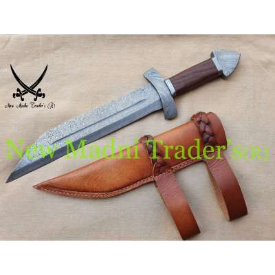 18" AMAZING DAMASCUS ''D'' POMMEL ROSE WOOD HANDLE HANDMADE VIKING SEAX (NMT-20255)