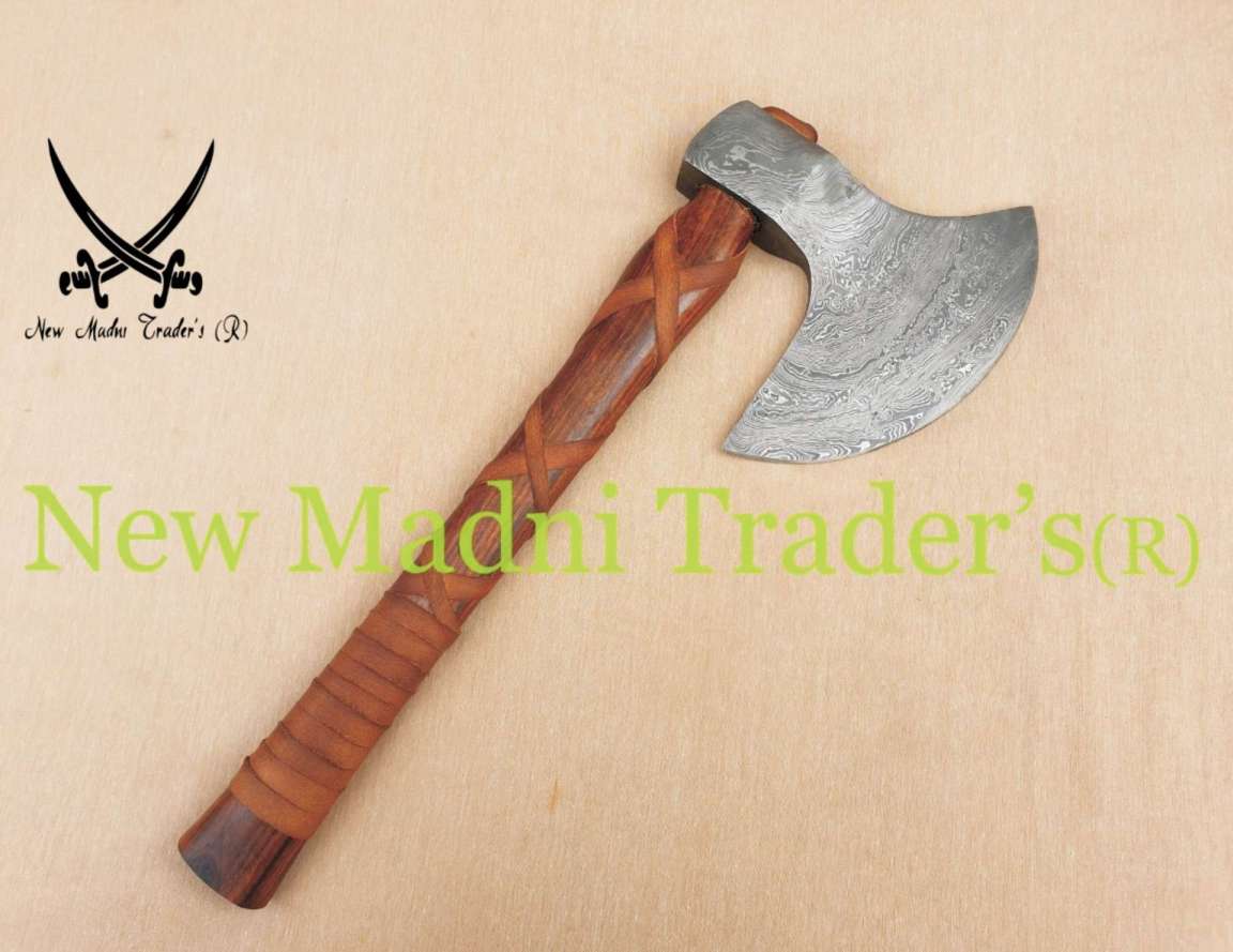 18" DAMASCUS ROSE WOOD HANDLE HANDMADE VIKING AXE (NMT-20202) WITH LEATHER SHEATH