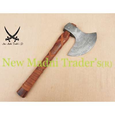 18" DAMASCUS ROSE WOOD HANDLE HANDMADE VIKING AXE (NMT-20202) WITH LEATHER SHEATH