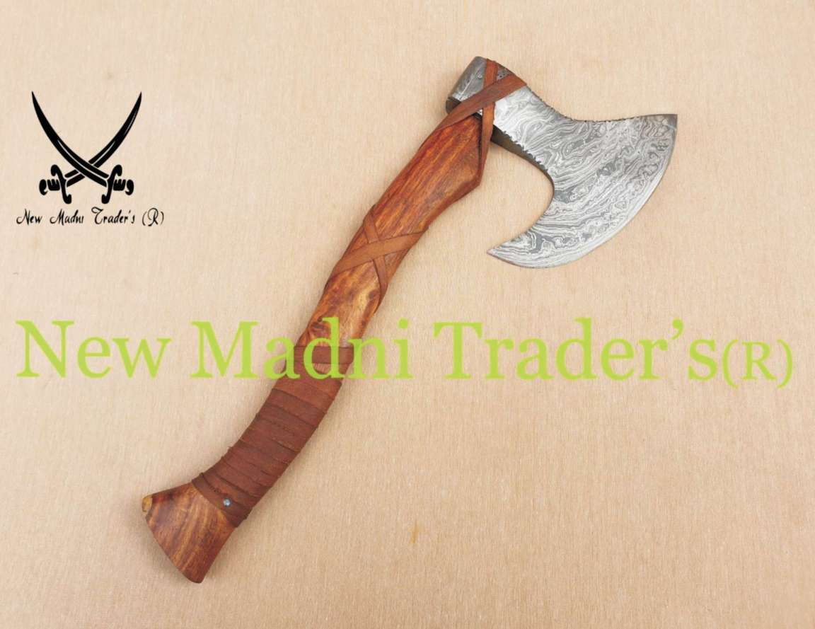 18" DAMASCUS ROSE WOOD HANDLE HANDMADE VIKING AXE (NMT-20203) WITH LEATHER SHEATH