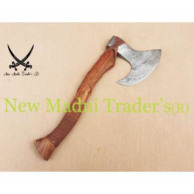 18" DAMASCUS ROSE WOOD HANDLE HANDMADE VIKING AXE (NMT-20203) WITH LEATHER SHEATH