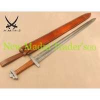 38" DAMASCUS BROWN WRAP LEATHER HANDLE HANDMADE VIKING SWORD WITH LEATHER SHEATH