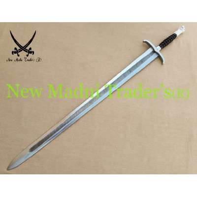 38" DAMASCUS BLACK HORN HANDLE WOLF POMMEL HANDLE VIKING SWORD WITH LEATHER SHEATH