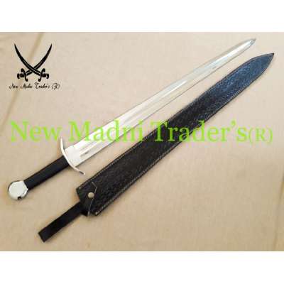 38" HIGH CARBON STEEL EUROPEAN MEDIEVAL BLACK LEATHER WRAP HANDLE SWORD WITH LEATHER SHEATH