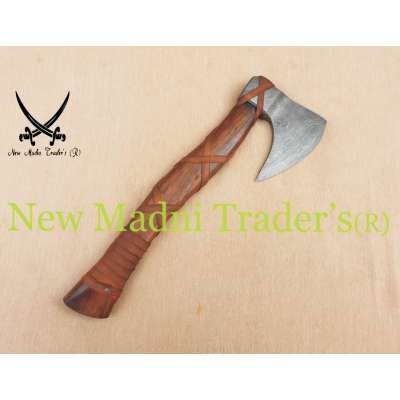 16" DAMASCUS ROSE WOOD HANDLE HANDMADE VIKING AXE (NMT-20201) WITH LEATHER SHEATH