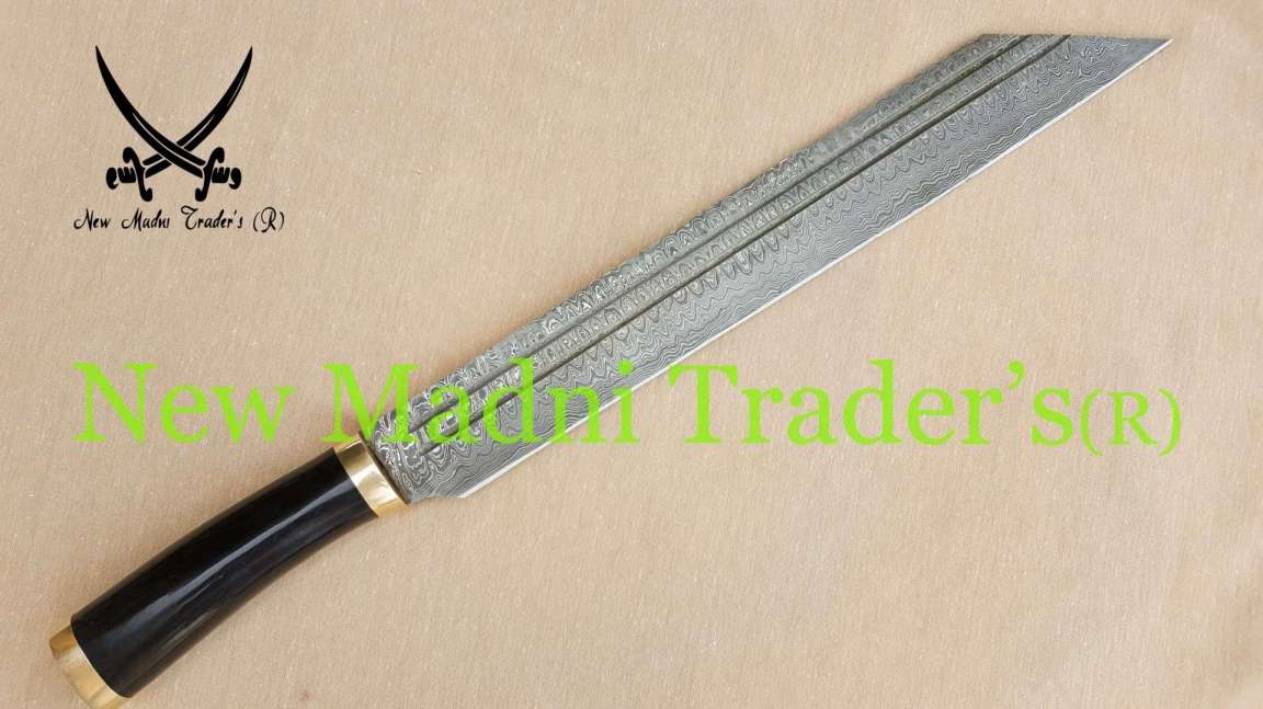 NEW 17" DAMASCUS BLACK HORN HANDLE LADDER PATTERN HANDMADE VIKING SEAX WITH LEATHER SHEATH (NMT-20256)