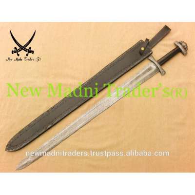 38" DAMASCUS BLACK BULL HORN HANDLE HANDMADE VIKING SWORD WITH LEATHER SHEATH