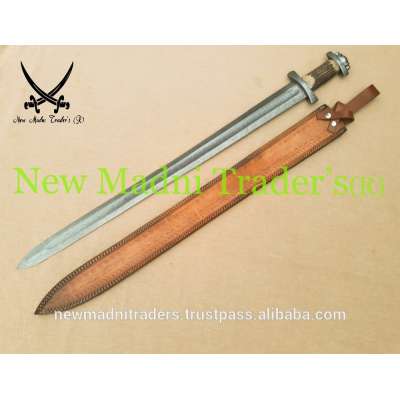 38" DAMASCUS NATURAL STAG/DEER ANTLER HANDLE HANDMADE VIKING SWORD WITH LEATHER SHEATH