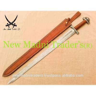 38" DAMASCUS CROSS XXXX SEW LEATHER HANDLE VIKING SWORD WITH LEATHER SHEATH