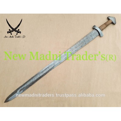 38" DAMASCUS NEW DESIGN OF ''D'' POMMEL HANDMADE VIKING SWORD WITH LEATHER SHEATH